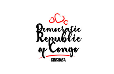 Democratic Republic of Congo country with red love heart and its capital Kinshasa creative typography logo design
