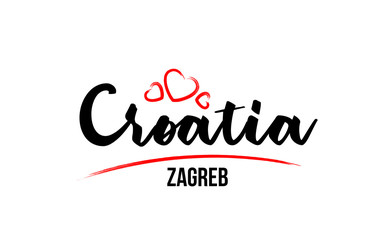 Croatia country with red love heart and its capital Zagreb creative typography logo design