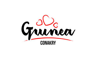 Guinea country with red love heart and its capital Conakry creative typography logo design