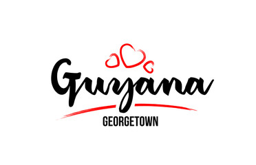Fototapeta na wymiar Guyana country with red love heart and its capital Georgetown creative typography logo design