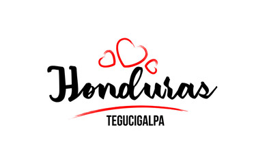 Fototapeta na wymiar Honduras country with red love heart and its capital Tegucigalpa creative typography logo design