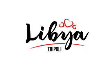 Libya country with red love heart and its capital Tripoli creative typography logo design