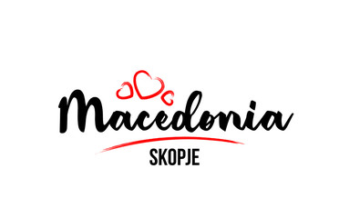 Macedonia country with red love heart and its capital Skopje creative typography logo design