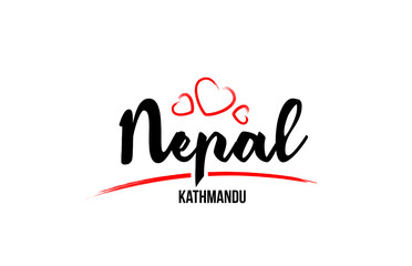 Obraz na płótnie Canvas Nepal country with red love heart and its capital Kathmandu creative typography logo design