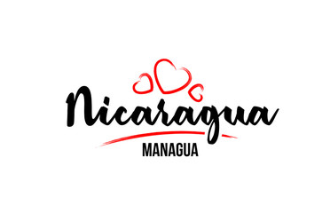 Nicaragua country with red love heart and its capital Managua creative typography logo design