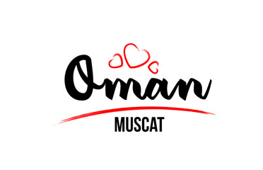 Oman country with red love heart and its capital Muscat creative typography logo design
