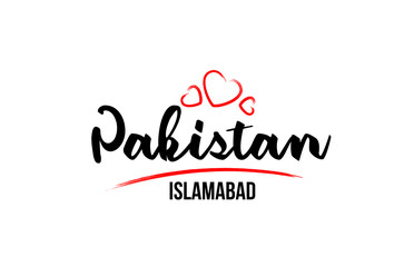 Pakistan country with red love heart and its capital Islamabad creative typography logo design