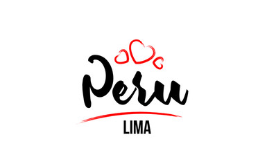 Fototapeta na wymiar Peru country with red love heart and its capital Lima creative typography logo design