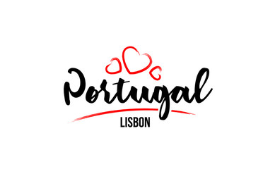 Portugal country with red love heart and its capital Lisbon creative typography logo design