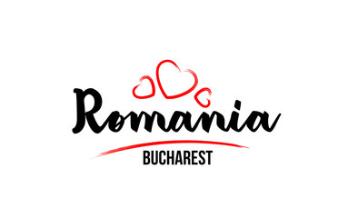 Romania country with red love heart and its capital Bucharest creative typography logo design