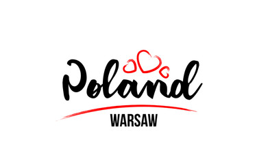 Fototapeta na wymiar Poland country with red love heart and its capital Warsaw creative typography logo design