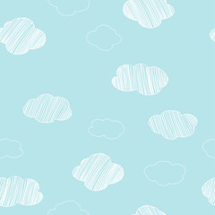Motif avec différents nuages dessinés à la main sur fond de ciel bleu.