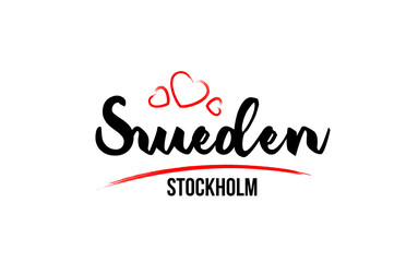 Sweden country with red love heart and its capital Stockholm creative typography logo design