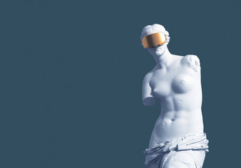 3D Model Aphrodite With Golden VR Glasses On Blue Background. Virtual Art Concept. © 3dsculptor