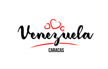Fototapeta na wymiar Venezuela country with red love heart and its capital Caracas creative typography logo design