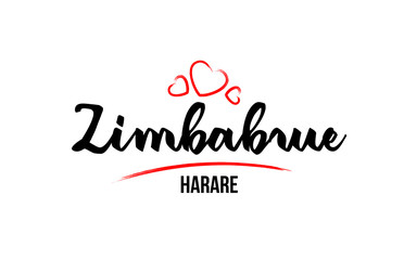 Fototapeta na wymiar Zimbabwe country with red love heart and its capital Harare creative typography logo design