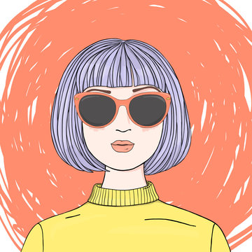 Portrait Of A Beautiful Woman With Short Purple Hair In Sunglasses.