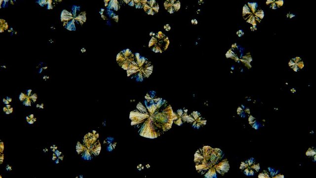 the formation of crystals under a microscope, a solution of Metamizol sodium or analginum and alcohol, the polarization effect allows you to see different color shades of 4K