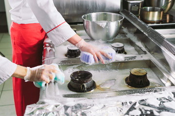 Sanitary day in the restaurant. Repeats wash your workplace. Cooks wash oven, stove and extractor...