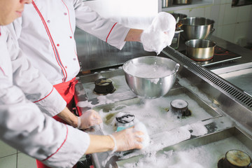 Sanitary day in the restaurant. Repeats wash your workplace. Cooks wash oven, stove and extractor in the Restaurant.
