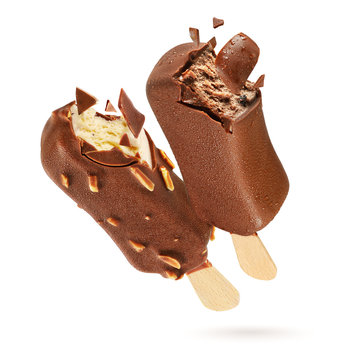 Two bitten chocolate ice creams popsicle with coating isolated