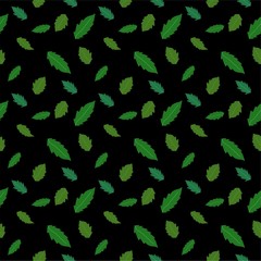 Seamless pattern of green leaves on black background