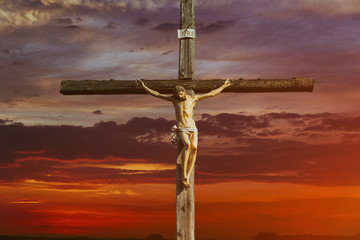 Jesus christ on cross over sunrise he is risen victory in easter day, good friday sunset god religious world christian