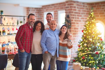 Beautiful family smiling happy and confident. Standing and posing with tree celebrating Christmas at home