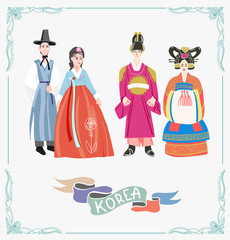 couple in traditional korean wedding dresses, wear korean hanbok costume