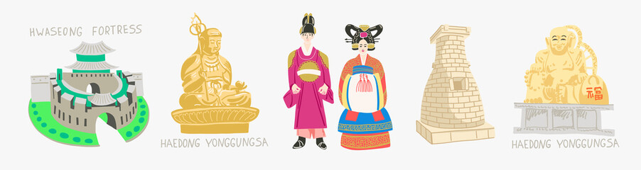 set of doodle vector illustration - sights of South Korea travel collection