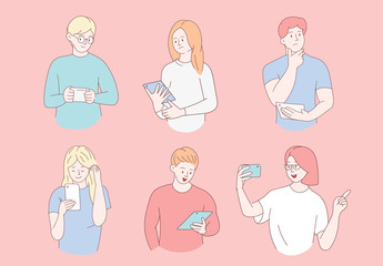 People are looking at their smartphones and tablets. Set of vector illustrations.