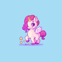 Naklejka premium Cute unicorn kicking hoof and made magical stars. Pink unicorn on blue background. Colored vector illustration.