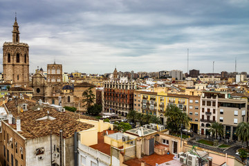 Naklejka na ściany i meble View on squares, buildings, streets of Valencia in Spain.