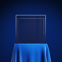 Empty podium with blue cloth and glass display case. 3d illustration