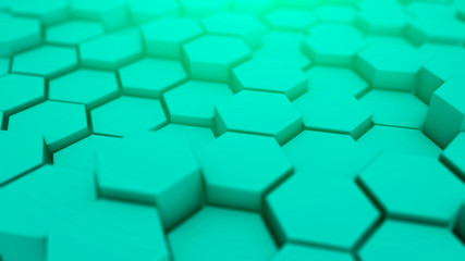 Blue hexagonal geometry background. 3d illustration of simple primitives with six angles in front
