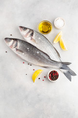 Fresh fish seabass and ingredients for cooking pepper, salt, lemon, olive oil on light grey table. Top view with copy space.