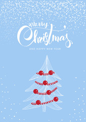 Merry Christmas card with christmas tree and snow