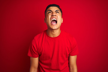 Young brazilian man wearing t-shirt standing over isolated red background angry and mad screaming...