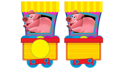 Cartoon funny looking steam wagon with animal pig on white background - illustration for children