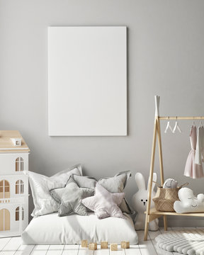 mock up poster frame in children's bedroom, Scandinavian style interior background, 3D render, 3D illustration