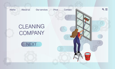 Young woman in overalls washes the window, standing on a stepladder. Website concept