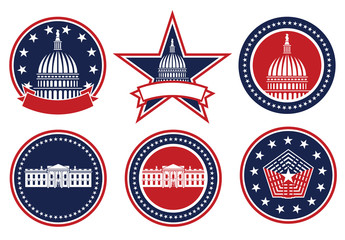 American Patriotic Red, White and Blue, Capital, White House and Pentagon Logos Isolated Vector Illustration