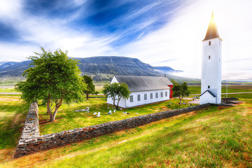 Fantastic view of Holar cathedral in Iceland.