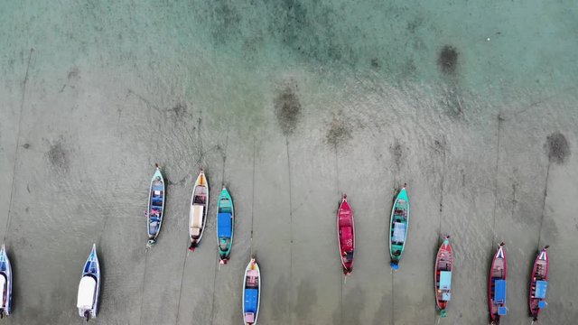 Traditional travel boat on sea beach aerial view summer vacation