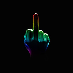 Fuck you concept. Rainbow figure mirror. Rainbow fiddle finger, offensive gesture - 303222941