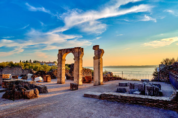 Grottoes of Catullus is the name given to the ruins of a Roman villa which was built at the end of the 1st century in Sirmione, Garda lake - obrazy, fototapety, plakaty