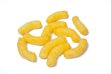 sweet crispy yellow corn sticks on white background