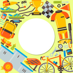 Bicycle uniform and sport accessories circle set vector illustration. Bike activity, cycling equipment and sports accessory for competition races located around place for text