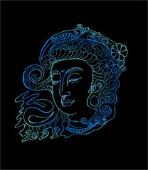 Color illustration of guan yin. Stylized deity guan yin.