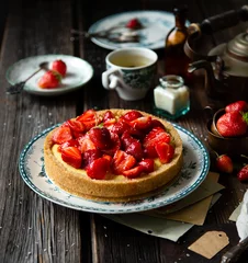 Foto op Plexiglas Homemade delicious strawberry tart or pie with sweet glazed berries on top © Марина Долбус